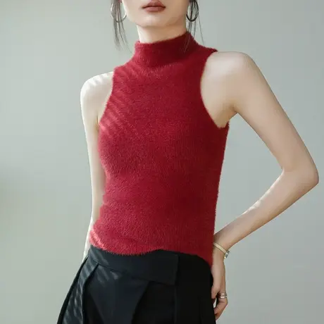 歌倍尚时尚水貂绒洋气吊带背心女秋冬软糯糯纯色修身内搭保暖毛衣商品大图