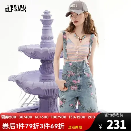 妖精的口袋印花牛仔背带裤女2023夏新款短裤小个子设计感小众裤子商品大图