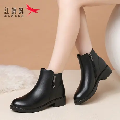红蜻蜓冬季女鞋低跟靴子女短靴中筒真皮加绒保暖妈妈皮靴棉鞋加厚图片