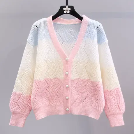 彩虹条纹毛衣外套女秋冬2023新款宽松慵懒风V领镂空长袖针织开衫商品大图