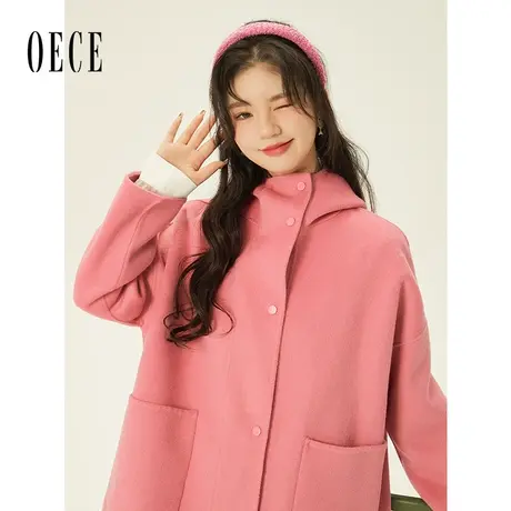 【新品】Oece减龄连帽双面呢大衣2022冬季新款中长款毛呢外套图片