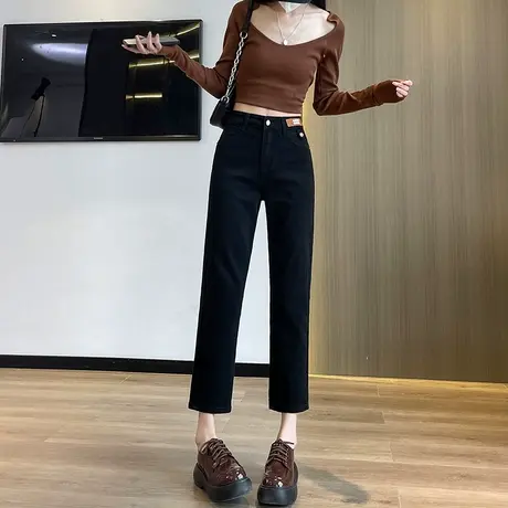黑色直筒牛仔裤女2023年春季新款高腰宽松显瘦九分小个子烟管裤潮商品大图