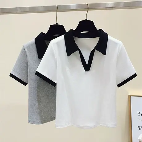 不规则撞色polo领短袖正肩t恤女夏季设计感小众拼接修身短款上衣图片