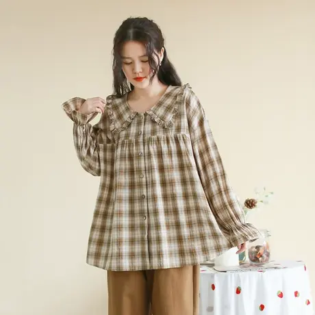 胖妹妹秋季2023新品学院风格纹长袖衬衫 大码微胖娃娃领减龄衬衣商品大图