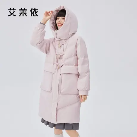 艾莱依羽绒服女2022新款冬季白鸭绒休闲外套保暖中长款牛角扣大衣商品大图