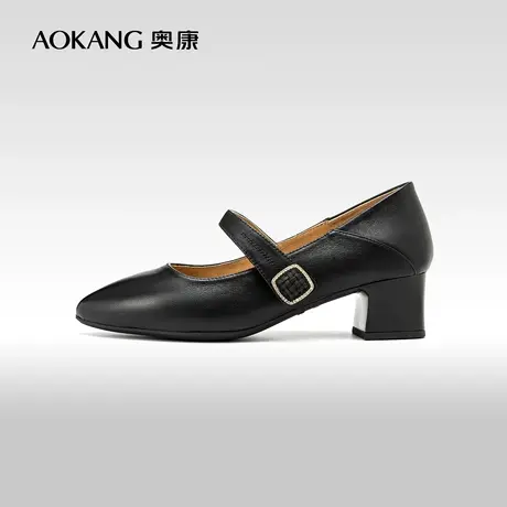 奥康女鞋 2024春季新款真皮尖头浅口通勤办公室单鞋厚底粗跟皮鞋图片