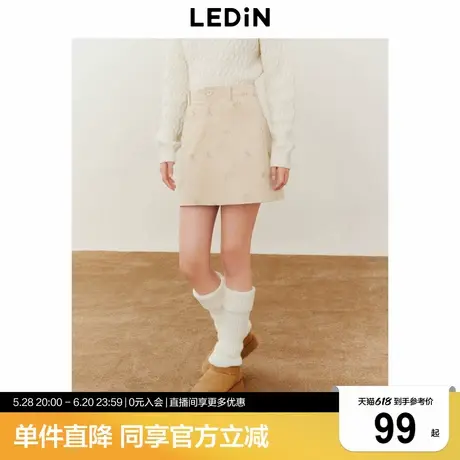 乐町蝴蝶结刺绣半身裙冬季新款宽松显瘦A字裙灯芯绒甜美短裙图片