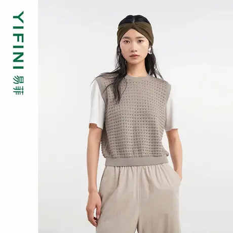 [专柜同款]Yifini/易菲醋酸宽松针织镂空拼接短款套头衫百搭上衣商品大图