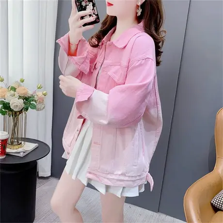 渐变炸街粉色牛仔外套女春秋新款韩版宽松设计感洋气夹克休闲上衣商品大图