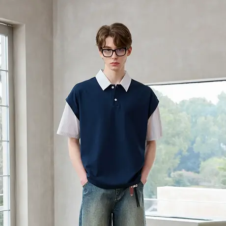 Lilbetter复古条纹拼接假两件短袖polo衫男2025夏衬衫领半袖上衣图片