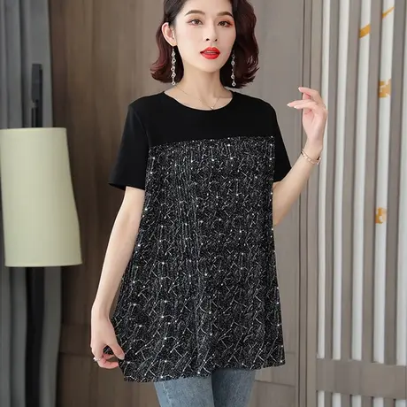 白色短袖t恤女2023夏季新款圆领百褶拼接小衫宽松遮肚子雪纺衫女商品大图