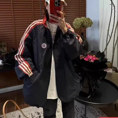 三条杠条纹立领外套女2025春新款韩版宽松休闲百搭开衫上衣冲锋衣图片