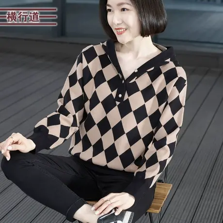 连帽格子宽松长袖毛衣韩版妈妈大码外穿女上衣2023新款冬装针织衫商品大图