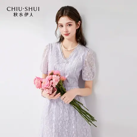 【晶晶姐妹专属】秋水伊人法式V领浪漫蕾丝连衣裙女中长裙商品大图
