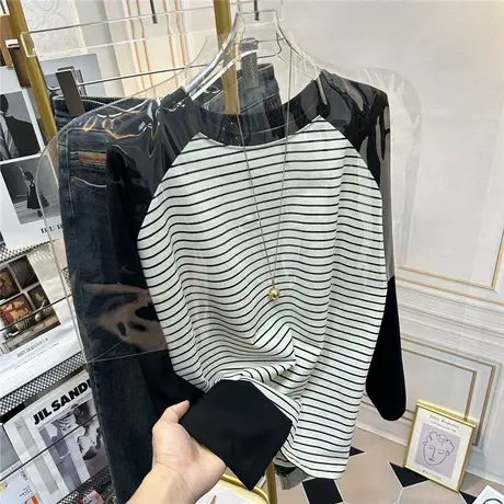 春装女2023年新款设计感小众上衣韩版宽松拼接插肩袖条纹长袖t恤商品大图