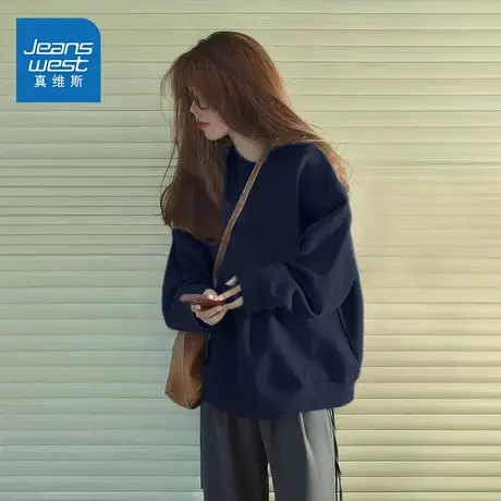 NOE真维斯圆领卫衣女2025新款秋冬季爆款青少年加绒加厚休闲外套商品大图