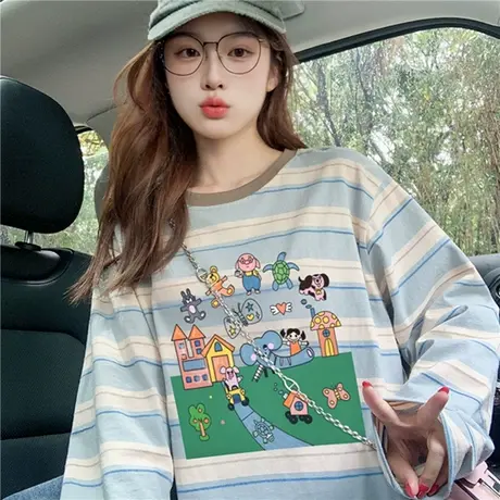 条纹长袖t恤女2025新款春秋季美式卡通设计感宽松打底衫潮牌上衣商品大图