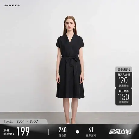 sdeer圣迪奥秋季女OL风V领收腰垂坠短袖连衣裙S223Z12T9图片