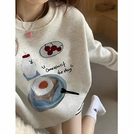 美式圆领重磅卫衣女秋冬加绒2025新款爆款小个子慵懒风初中生上衣商品大图