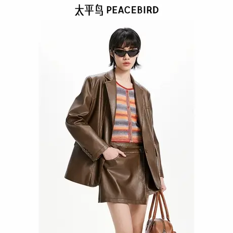 【昕怡粉丝专享】太平鸟女装年秋季擦色PU西装A3BAE3469商品大图