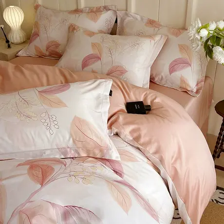 恒源祥60S全棉长绒棉四件套四季通用粉色简约纯棉床单款床上用品商品大图