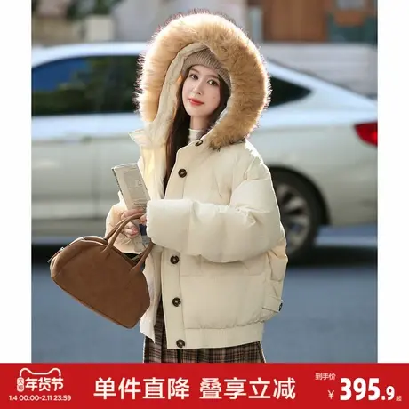 唐狮2026冬季女复古毛领连帽短款羽绒服设计感显瘦加厚外套图片