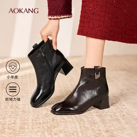 奥康 女鞋2025冬季时装靴细腻羊皮加绒粗跟增高短靴门店发货图片