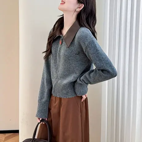 唐狮秋冬简约风撞色翻领拉链针织开衫女春秋外套高级感毛衣女TD图片