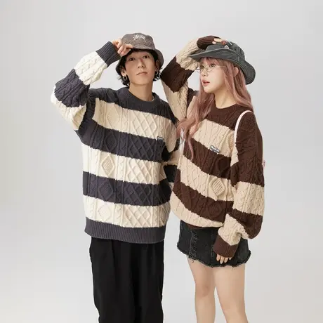 日系慵懒风麻花条纹毛衣女秋冬2023年新款复古潮牌宽松针织衫上衣商品大图