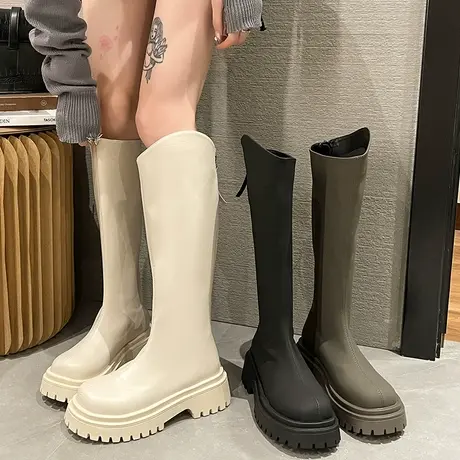 V口长筒靴子女粗腿胖mm大筒围大码厚底小个子显瘦高筒骑士马丁靴图片