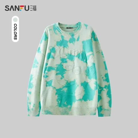 三福2023冬男士扎染涂鸦洗水怪兽大学毛衣 宽松圆领上衣477098商品大图