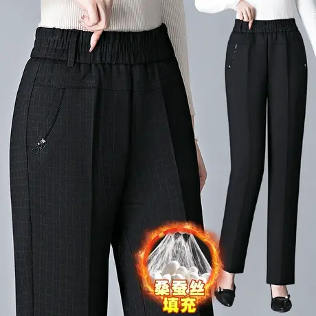 格子棉裤女冬季新款时尚刺绣桑蚕丝保暖西裤宽松大码中老年休闲裤商品大图