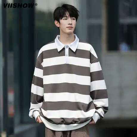 VIISHOW拼接条纹打底POLO衫翻领休闲潮牌宽松卫衣美式重磅外套男商品大图