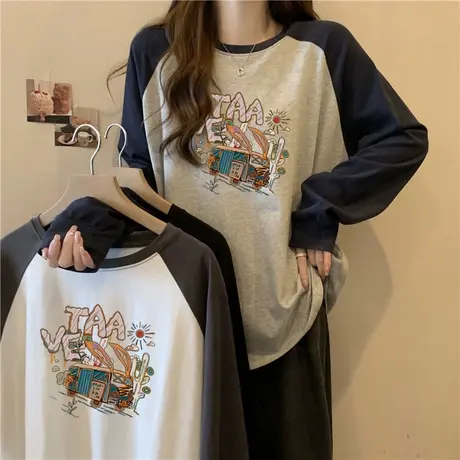 春秋冬季双面磨毛德绒打底衫女撞色插肩长袖T恤内搭宽松加绒上衣图片