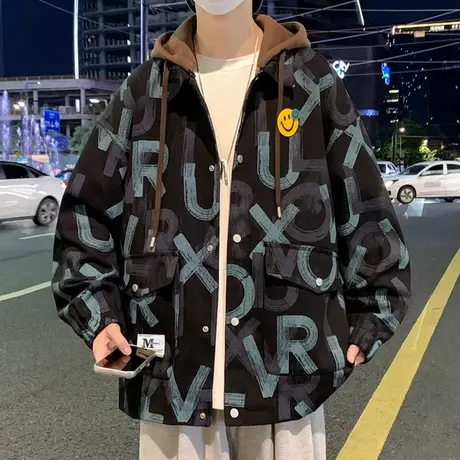 可拆卸连帽外套男春秋季加绒加厚牛仔夹克青少年提花保暖冬装上衣图片