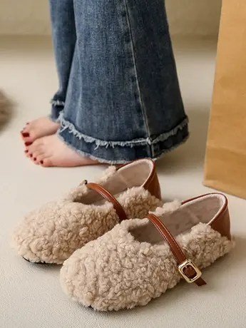韩版玛丽珍加绒豆豆棉鞋女2023年新款秋冬外穿保暖羊羔毛毛鞋平底商品大图