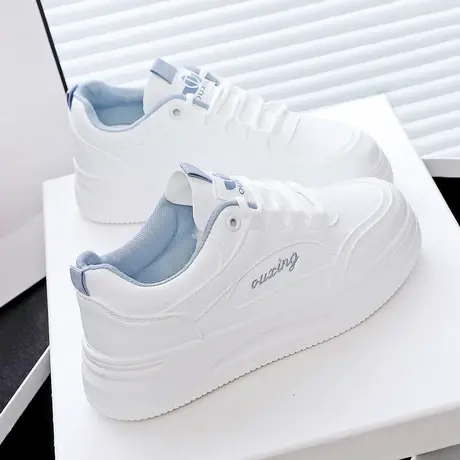 真皮厚底松糕小白鞋女2023新款春秋皮面白色小个子内增高运动板鞋商品大图