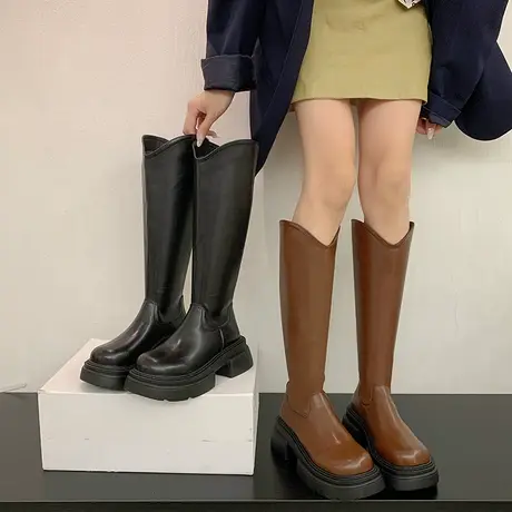 英伦风长筒靴女2023年春秋季新款超火时尚增高长靴粗跟厚底骑士靴商品大图