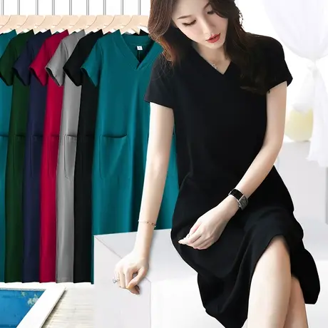 黑色气质连衣裙春秋女神范衣服v领大码胖mm宽松显瘦短袖长款裙子图片