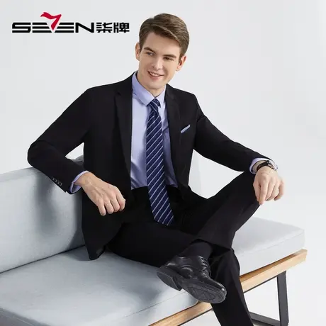 柒牌男装西服套装2022年秋冬新款商务休闲修身黑色印花西装两件套商品大图