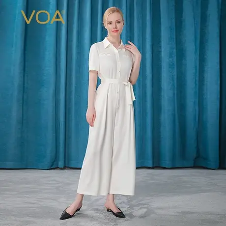 VOA重磅丝绸尖领卷边袖单排扣宽松气质OL白色气质桑蚕丝连体长裤图片