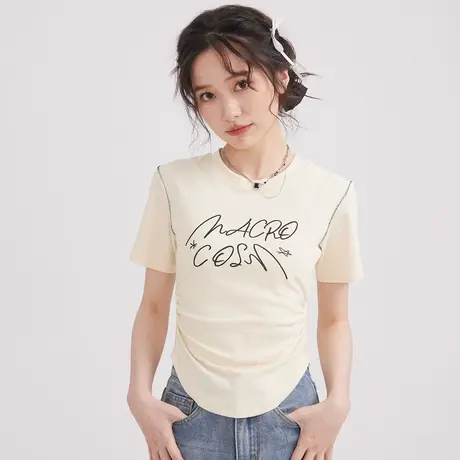 尔给显瘦美式短款弧形下摆t恤女夏2023新款设计感小个子修身上衣图片