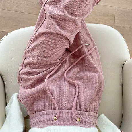 粉色羊毛绒窄版阔腿裤女2024春秋新款高腰垂感休闲直筒针织拖地裤商品大图