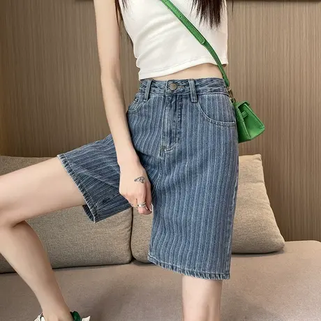 港风五分牛仔裤女2024夏季薄款高腰显瘦条纹短裤直筒阔腿5分中裤商品大图