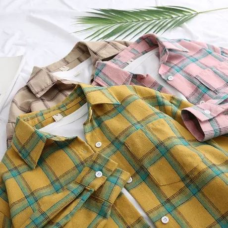 2020春秋新款韩版学生复古磨毛上衣宽松长袖格子衬衫女装ins外套商品大图