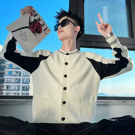 轻熟风休闲拼色针织开衫男秋冬新款ins潮流韩版简约小众毛衣外套商品大图