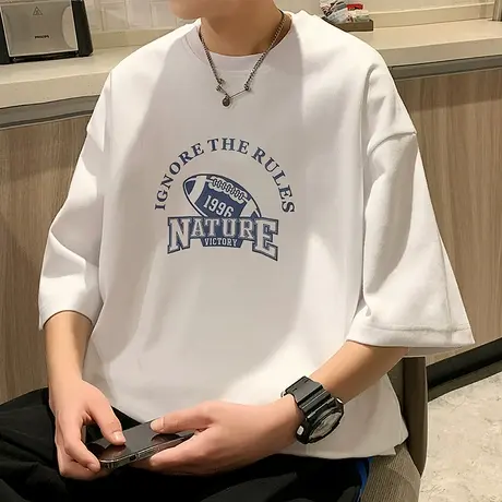 男士七分袖t恤港风2023夏季宽松重磅短袖T恤男半袖潮流休闲上衣服商品大图