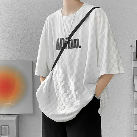 男士短袖t恤夏季薄款百搭字母印花休闲半袖ins潮牌圆领格子打底衫商品大图