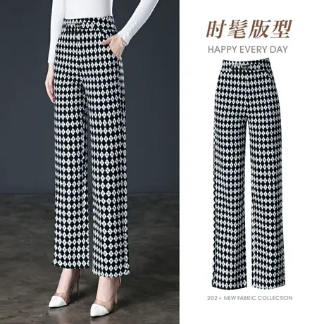 毛呢格子裤女2023新款秋冬阔腿裤大码宽松直筒休闲裤秋季妈妈女裤商品大图