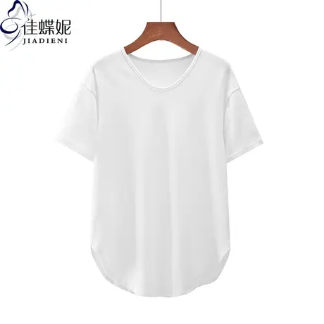 春季新款韩版圆领纯白宽松纯色中长款燕尾摆短袖体恤上衣女打底衫商品大图